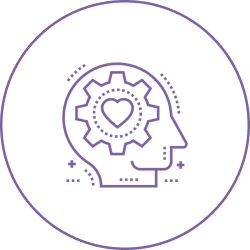 Purple circular icon with a human head and brain graphic.