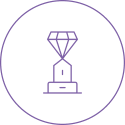 Purple icon of a diamond trophy on a circular background.