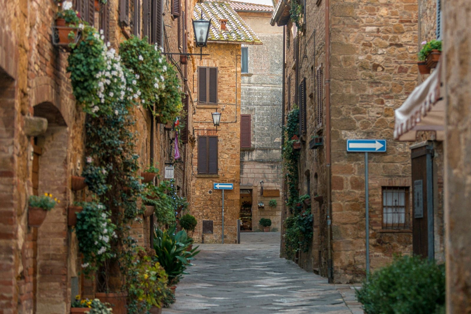 A quiet stone lane in an Italian hill town, lined with potted plants and shuttered windows