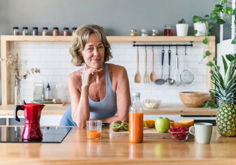 A woman standing in a kitchen with fresh juices and fruits.