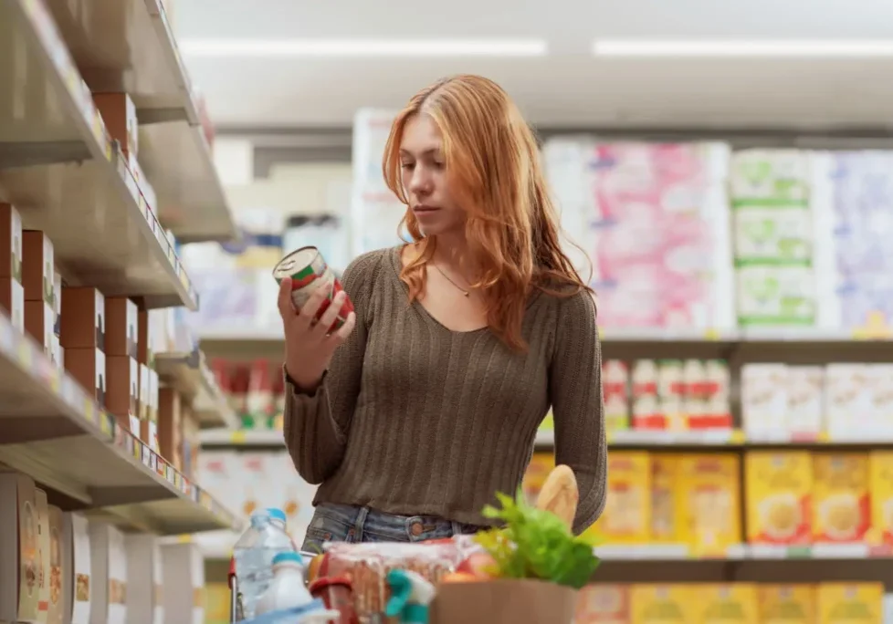 Woman shopping for groceries in a store aisle.