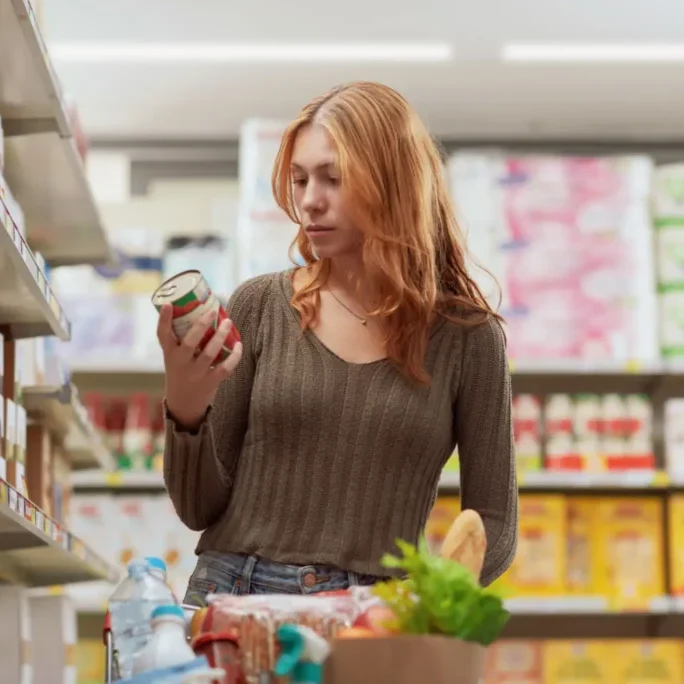 Woman shopping for groceries in a store aisle.